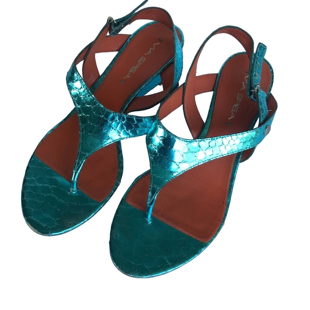Via Spiga Metallic Teal Leather Thong Sandals sz 9